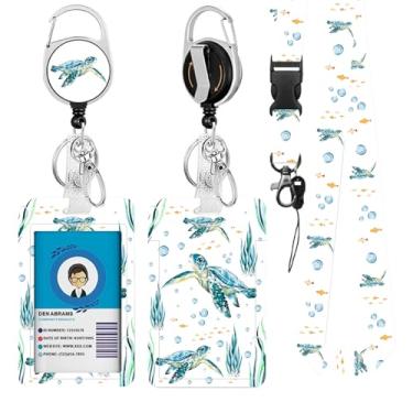 Imagem de Cordões Seaturtles para crachá de identificação, cordão oceânico, porta-cartão de identificação com clipe retrátil e chaveiro, capa protetora de crachá de identidade vertical com etiqueta de nome para
