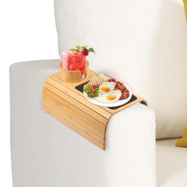 Imagem de Suporte de copo de bambu para sofá, suporte magnético removível 3 em 1, bandeja de braço de sofá antiderramamento, bandeja de mesa dobrável antiderrapante para sofá amplo para lanches, bebidas