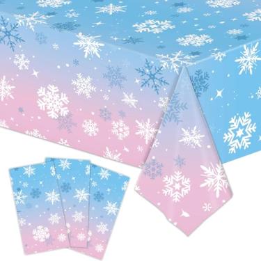 Imagem de BokingOne Pacote com 3 toalhas de mesa de floco de neve de inverno, 137 x 272 cm - capa de mesa de plástico degradê azul rosa para festa de Natal, Ano Novo, decoração de inverno do país das maravilhas