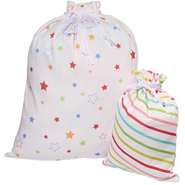 Imagem de CREATCABIN Saco de presente de estrela de 2 tamanhos com cordão, grande, reutilizável, listrado, impresso, saco de embrulho de tecido, sacos de embrulho para presente de casamento, dia dos namorados