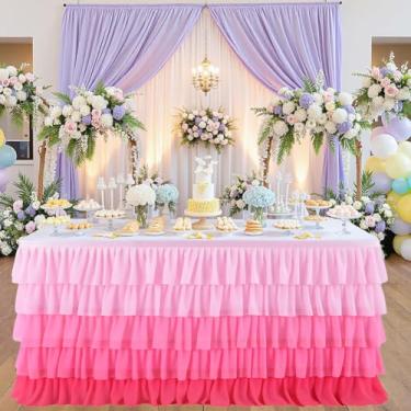 Imagem de CREATCABIN Saia de mesa rosa tule saia de mesa capa de toalha de mesa decoração babados retangular banhado poliéster com fita adesiva para princesa casamento festa de aniversário banquete sobremesa