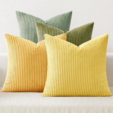 Imagem de MIULEE Capas de almofada Boho Farmhouse amarelo verde 50 x 50 cm conjunto de 4 capas de almofada nórdicas Mordern veludo cotelê macio decoração de casa para sofá-cama, sofá, sala de estar