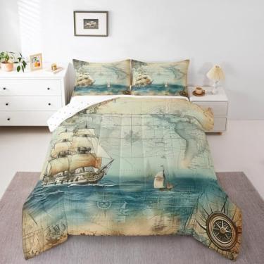 Imagem de Homewish Conjunto de edredom retrô de veleiro, tamanho casal, mapa náutico vintage, 3 peças, para decoração de quarto de crianças, adolescentes, homens, meninos, estampa de bússola, temática de
