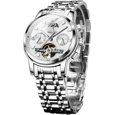 Imagem de OLEVS Relógio mecânico masculino, cronógrafo, diamante, turbilhão, data, fase da lua, pulseira ajustável, presente, multifuncional, azul/preto/dourado/prata, G6678: Pulseira prata e mostrador branco