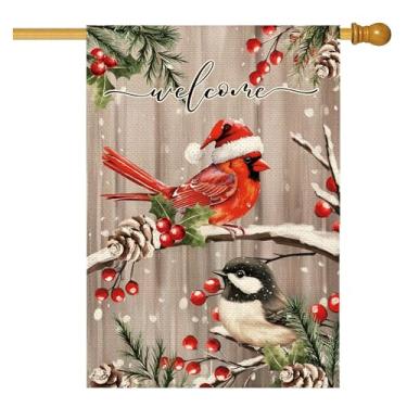 Imagem de Tikeciti Bandeira de casa de boas-vindas de pássaro de grão de madeira de Natal 71 x 101 cm dupla face, baga de Natal cardeal inverno floco de neve de estopa grande bandeira de quintal bandeiras de