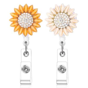 Imagem de 2 peças de molinete retrátil de girassol com clipe de crachá fofo para primavera, verão, flores, emblemas com clipe jacaré, crachás de identificação engraçados em porta-cartões para enfermeiras