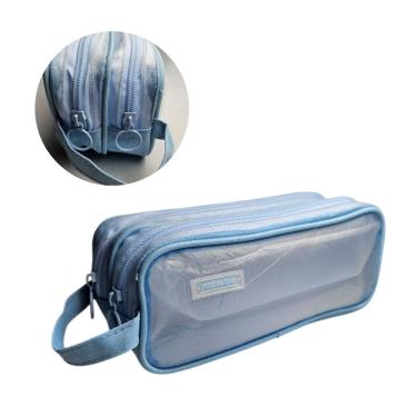 Imagem de Estojo Premium Azul Transparente Duplo Escolar e Maquiagem Volta as Aulas Menino Juvenil Resistente