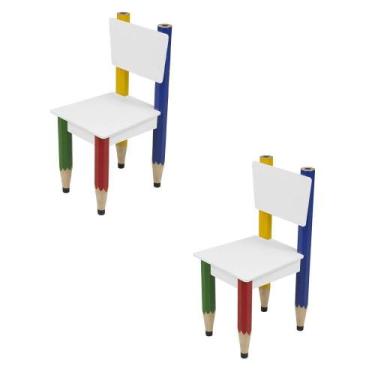 Imagem de Kit 2 Cadeiras Infantil Lápis Coloridos Assento E Encosto Brancos Pés 