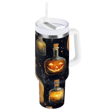 Imagem de STAYTOP Copo de abóbora de Halloween de 1,134 g em uma garrafa de vinho com tampa e palha, copo isolado de aço inoxidável durável à prova de vazamento com alça, garrafas de água à prova de