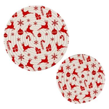 Imagem de Wassud Lindo conjunto de trivet de veado de Natal (2) para pratos quentes, suportes de panela redondos, almofadas quentes de algodão, porta-copos elegantes, decoração de cozinha e acessórios, 2 peças