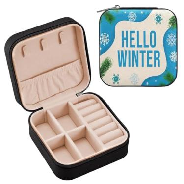 Imagem de Wassud Hello Winter Estojo de joias de viagem para mulheres, meninas, senhoras, noiva, mini organizador de joias de couro PU, caixa quadrada de armazenamento de joias para brincos, anéis, colar e