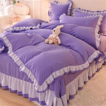 Imagem de XLCZMYL Conjunto de cama de renda princesa rosa com babados luxuoso, lençol de cama e fronhas, roupa de cama macia para decoração de casa, roxo, casal 180 x 220 4 peças
