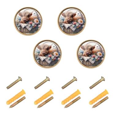 Imagem de Burbuja Puxadores de armário de cozinha com flores de vaca bebê, pacote com 4, puxadores redondos de 3,5 cm, puxadores de cômoda com parafusos para cozinha, quarto, armários, armário