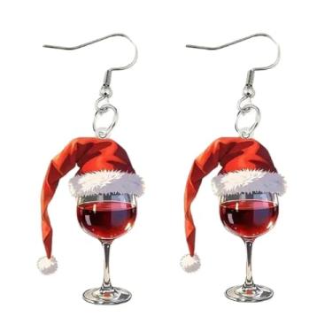 Imagem de Brincos de Acrílico em Forma Taça Vinho com Chapéu Papai Noel 2D Leve e Confortável Gancho para Ouvido Festas Festivas Acessórios Férias