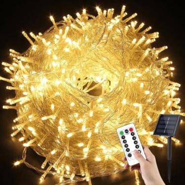 Imagem de YUANHUYUOU Luzes de Natal LED, 52 m 400 luzes LED alimentadas por energia solar, 8 modos de luzes de corda de Natal à prova d'água para jardim, pátio, quintal, festa com controle remoto (branco quente