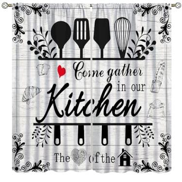 Imagem de wlsgdsg Cortinas de cozinha rústicas, vintage, citações engraçadas, casa de fazenda, preto, branco, búfalo, xadrez, bolso para varão, tratamentos de janela para sala de jantar, sala de estar, quarto