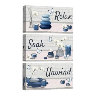 Imagem de RnnJoile Arte de parede de banheiro azul marinho imagens zen pintura em tela para sala de meditação zen decoração de parede emoldurada 20 x 40 cm para cada (azul)