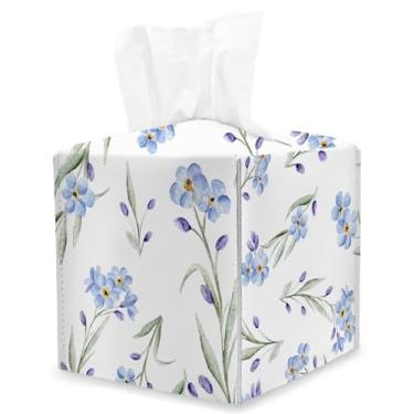 Imagem de Capa quadrada de caixa de lenços de papel floral azul, suporte de caixa de lenços de cubo de flores azuis aquarela, decoração de mesa, organizador de papel facial de couro, para banheiro, casa, carro