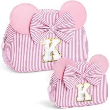 Imagem de QLOVEA Presentes de Natal para netos, bolsa de cosméticos inicial, bolsa de maquiagem de viagem, presentes de aniversário personalizados para crianças, rosa