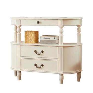 Imagem de Mesa de console com 3 gavetas, mesa de entrada de madeira moderna de meados do século, mesas de sofá atrás do sofá com prateleira de armazenamento, armário de armazenamento para corredor, hall de