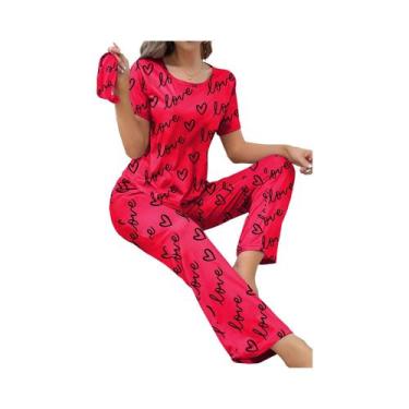 Imagem de Novo pijama feminino para casa, calças de manga curta, padrão amor, ca