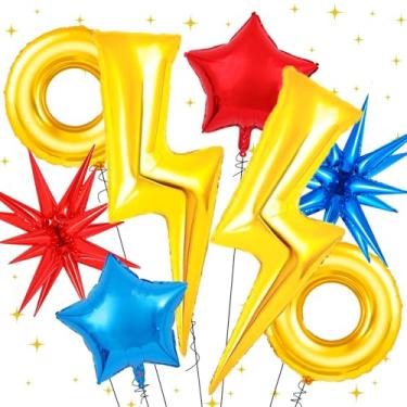 Imagem de Artigos de festa de ouriço com tema de desenho animado, balões grandes relâmpago e balão de anel de ouro, balão de folha de estrela azul vermelho para decoração de aniversário meninos