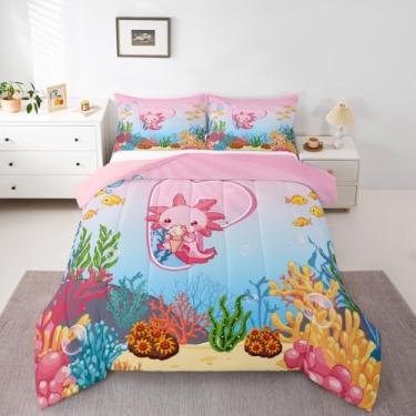 Imagem de Erosebridal Conjunto de cama casal com desenho animado com letra P para meninas, lindo conjunto de edredom rosa axolote oceano salamandra desenho animado animal para crianças, adolescentes e adultos