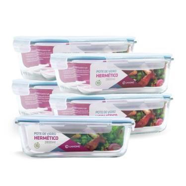 Imagem de Kit 5 Potes de Vidro Retangular com Tampa Hermética 2800ml - NABOX, Az