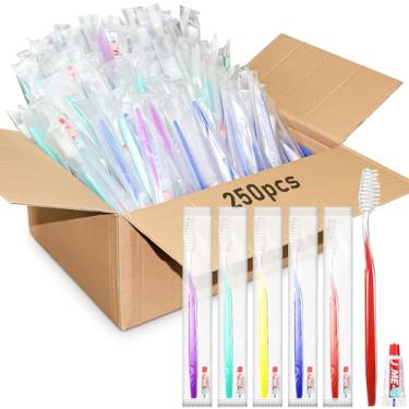 Imagem de KisSealed 250 conjuntos de escovas de dentes descartáveis a granel com pasta de dente embrulhada individualmente suprimentos para sem-teto escova de dentes de viagem para acampamento de hotel