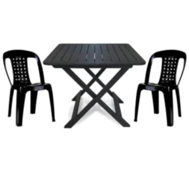 Imagem de Mesa Quadrada Dobrável 80cm Preta + 2 Cadeiras Com Encosto Vime Empilhável