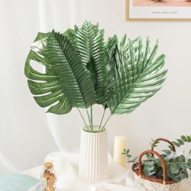 Imagem de Ledoira 50 peças, 6 tipos de folhas de palmeira tropicais artificiais com hastes douradas, folhas de plantas artificiais para Páscoa, havaiano, luau, selva, praia, safári, casamento, festa de