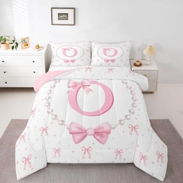 Imagem de Erosebridal Conjunto de cama casal de gravata borboleta rosa para meninas – Conjunto de edredom com letra O e laço para crianças, mulheres, monograma, fofo, rosa, gravata borboleta estética, decoração