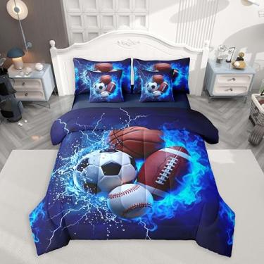 Imagem de Feelyou Conjunto de edredom esportivo para meninos, tamanho king, 7 peças, futebol americano, beisebol, futebol, cama de basquete em uma bolsa com edredom, lençol, fronha, jogo de bola, decoração de