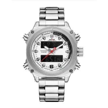 Imagem de Relógio masculino quadrado multifunção digital analógico weide 7302 prata branco