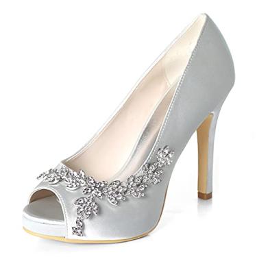 Imagem de Sapatos de noiva de noiva Peep Toe femininos de cetim salto alto marfim sapatos de salto agulha com strass 35-42,Silver,6 UK/39 EU