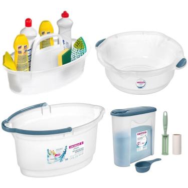 Imagem de Kit Balde Bacia Cesto Oval Porta Sabão Em Pó Dosador Rolo Adesivo Plástico Limpeza Casa - Sanremo