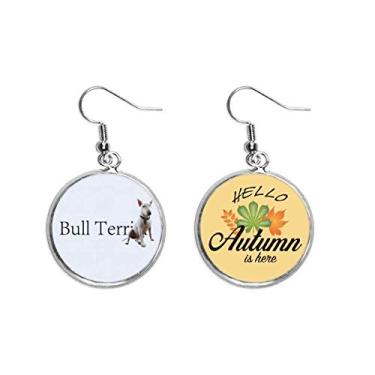 Imagem de Brinco de cabelo com aparência de bull terrier com orelhas de cachorro pendentes e folha de outono