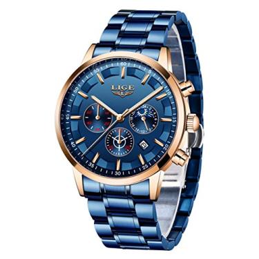 Imagem de Relógios masculinos de aço inoxidável esportivo analógico de quartzo relógio masculino de luxo marca LIGE à prova d'água data negócios relógio de pulso homem relógio preto, steel gold blue