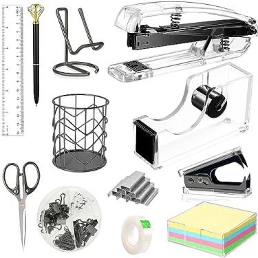 Imagem de Acessórios de mesa de escritório, grampeador de acrílico, removedor de grampo, suporte de fita, suporte de caneta, caneta esferográfica, tesoura, clipes de fichário, 1000 grampos, suporte de telefone,