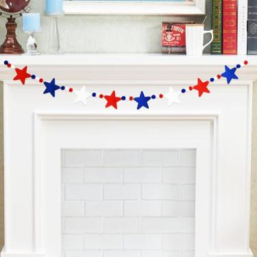 Imagem de Banner de 4 de julho com guirlanda de feltro de lã azul vermelha estrela feliz dia da independência decoração de pendurar patriótica interna para parede de lareira de cornija, quarto infantil, sala de