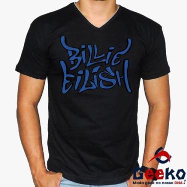 Imagem de Camiseta Billie Eilish 100% Algodão Geeko, Preto gola v, Azul, G