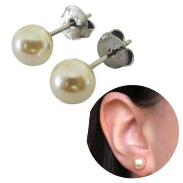 Imagem de Brinco de pérola em aço cirúrgico antialérgico 6mm infantil  - Morgani