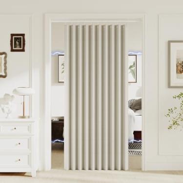 Imagem de Turquoize Cortina magnética 100% blackout para portas sanfonadas e dobráveis – Cortina plissada texturizada de linho para armário e divisória de quarto, 1 painel, L 139 x C 192, marfim