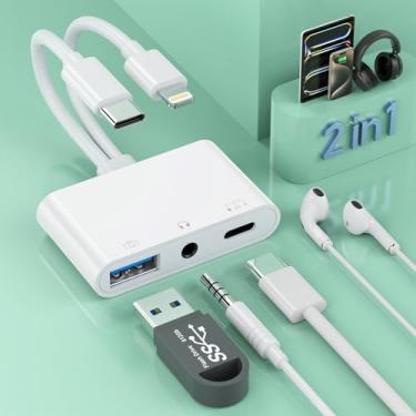 Imagem de MTAKYI Cabo Adaptador 2 Em 3 Lightning + Usb C Para Divisor De Fone Ouvido Auxiliar Áudio 3,5 Mm, Otg Câmera Conector Mm Porta Ouvido/Carregador Tipo C, Telefone Iphone 15/14/13, Samsung, Ipad, Huaw