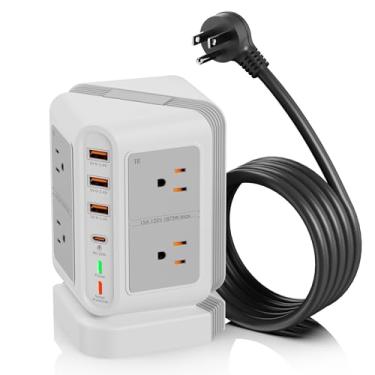 Imagem de Papotissus Réguas De Energia Em Torre Com Múltiplas Tomadas E Cabo Extensão 6,5 Pés, Proteção Contra Surtos Para Estação Carregamento Mesa, 8 Portas Ca/4 Usb (1X Pd20 W Usb-C), Suprimentos 1875 W/15