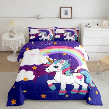 Imagem de Feelyou Conjunto de edredom de unicórnio, fofo, arco-íris, unicórnio, para crianças, meninas, galáxia, estrelas, fantasia, edredom para decoração de quarto de princesa