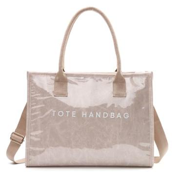 Imagem de ALUSBELL Bolsa de mão de PVC com alça superior para mulheres, bolsas de trabalho de papel kraft, Bege, One Size