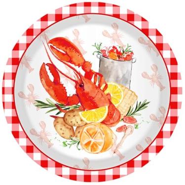 Imagem de 24 peças de pratos de papel descartáveis com tema de lagosta de 23 cm – Design vibrante de frutos do mar com borda xadrez vermelha e branca, perfeita para churrascos de verão, festas na praia