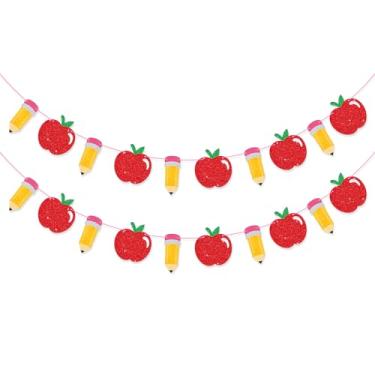Imagem de Guirlanda de faixa escolar para decorações de volta às aulas, lápis de maçã com glitter, decoração de banner do primeiro dia de aula, guirlanda de volta às aulas, decoração para sala de aula, material