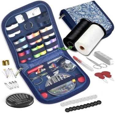 Imagem de Kit de costura presentes para vovó, mãe, amiga, viajante, adultos, iniciante, emergência, acessórios de suprimentos de costura com tesoura, dedal de agulhas de costura, linha, fita métrica etc. (azul